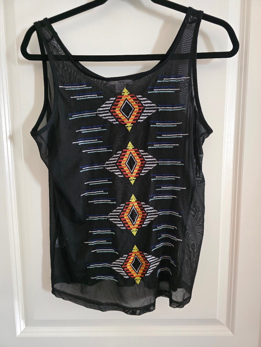 Bar III Black Sheer Tank Top with Geometric Embroidery Size M